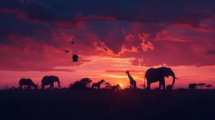 Silhouettes of diverse African wildlife, including elephants and giraffes, set against a dramatic sunset sky with birds in flight.