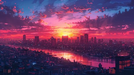 Obraz premium A digital illustration of a sprawling cityscape under a dramatic sunset, with the sun's dying light casting reflections across meandering waterways.