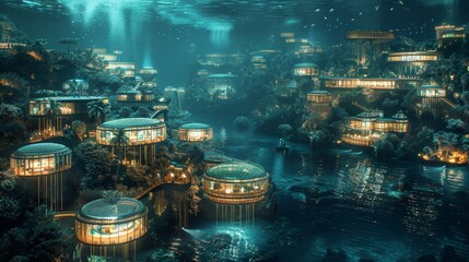 Imaginative illustration of a futuristic underwater city glowing with lights, featuring circular buildings nestled among marine flora.