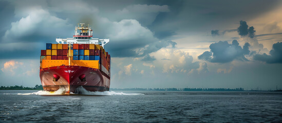 A cargo ship laden with colorful containers cuts through the water under a dramatic cloudy sky.