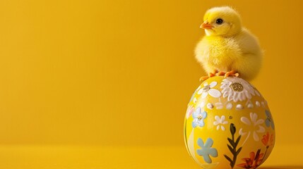 Poussin sur un oeuf de Pâques décoré sur fond jaune » IA générative - obrazy, fototapety, plakaty