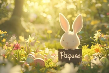 Lapin blanc tenant une pancarte Pâques au printemps » IA générative - obrazy, fototapety, plakaty