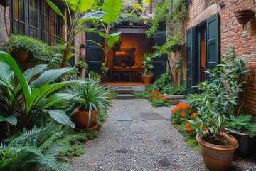 narrow alleyway adorned with an array of vibrant potted plants, creating a serene and immersive oasis in an urban setting
