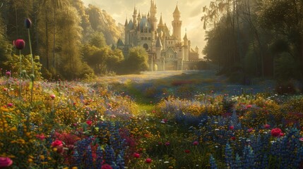 This captivating scene unfolds with an enchanted castle rising above a vibrant, blooming fantasy garden, bathed in the golden light of a setting sun. - obrazy, fototapety, plakaty