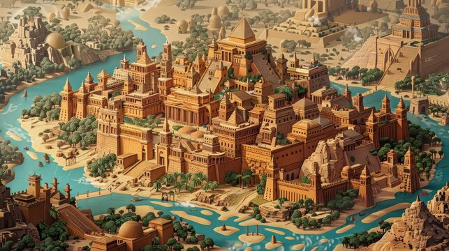Artistic interpretation of the ancient city of Babylon, featuring grand palaces and hanging gardens by the Euphrates River, evoking the splendor of Mesopotamian civilization.
