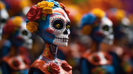A Timeless Tradition: Catrina Doll with Skull Earrings and Skull Hair Clip Stands Tall in a Vibrant, Blurry Celebration of Ancestors, Generative AI