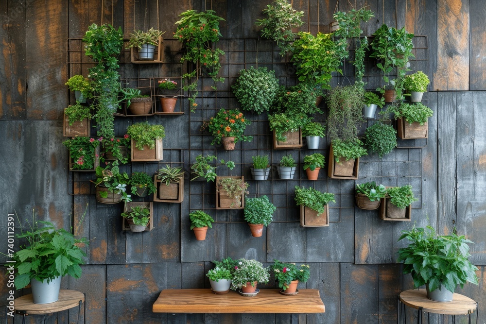 Poster stunning array of plants adorning a wall, creating a lush and vibrant natural tapestry that adds a t