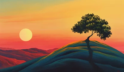 Stoff pro Meter a small painting of a tree on a hill against a sunset © sdstudio