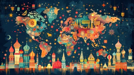 A richly detailed illustrated world map, splashed with cultural icons and historical landmarks against a starry background.