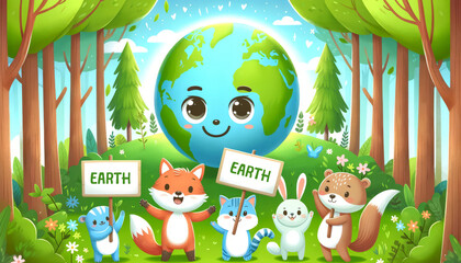 Playful Cartoon Earth Preservation Scene