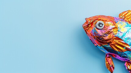Emballage coloré d'un poisson d'avril en chocolat sur fond bleu » IA générative - obrazy, fototapety, plakaty