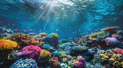 Radiant sunbeams penetrate the ocean surface, highlighting a stunning coral reef bustling with tropical fish.