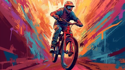 abstract vector technology art painting of man riding a bicycle to the extreme
