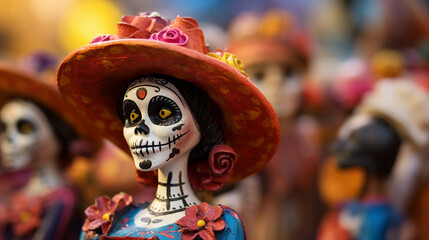 Blurry Beauty: Catrina Doll Adorned with Marigolds and Lace, Embracing Traditions, Generative AI