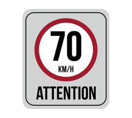 70 km speed limit. Vector attention to traffic speed isolated on white background