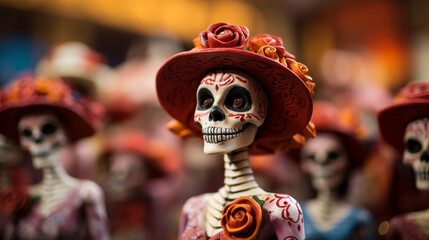 Sugar Skull Bride in a Dreamy Haze: Catrina Doll Celebrates Life with Crimson Roses and Folkloric Flair, Generative AI