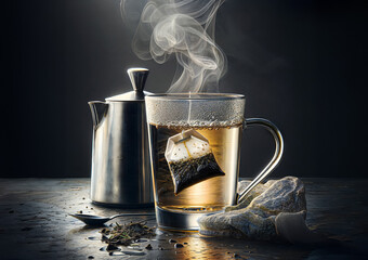 Purcolating tea bag and tea pot - obrazy, fototapety, plakaty