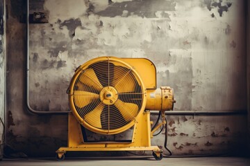 An imposing yellow ventilation fan set against the rustic charm of an aged brick wall in a vintage factory - obrazy, fototapety, plakaty