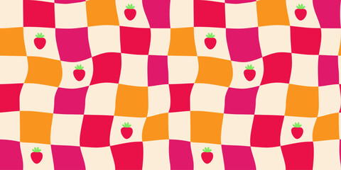 Summer pink and yellow checkerboard pattern with cute strawberries in vintage y2k style. Sweet strawberries on red gingham background. For fest invitations, fabric, textiles, and wrapping paper.  