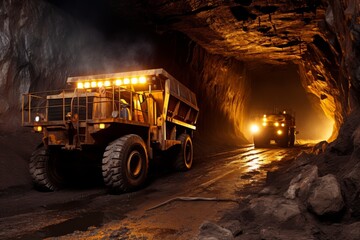 Industrial Scene Featuring a Continuous Miner at Work in a Complex Underground Mining System