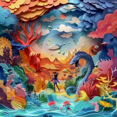A surreal underwater scene with a diver encountering a sea dragon, surrounded by a colorful coral reef and stylized sky.