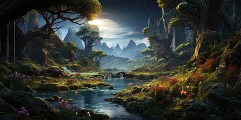 River Flowing Through Lush Green Forest Generative AI