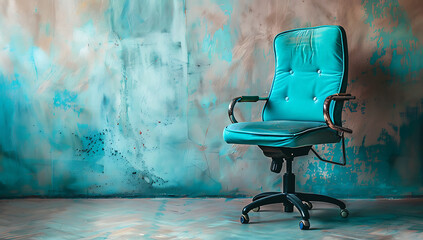 a turquoise office chair is sitting against a wall in - obrazy, fototapety, plakaty