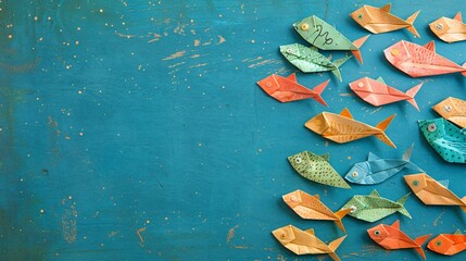 Banc de poissons colorés en origami sur fond bleu » IA générative