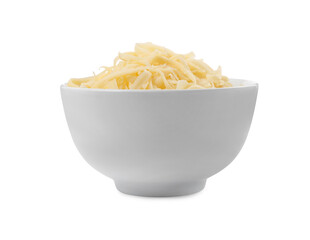 Tasty grated cheese in bowl isolated on white