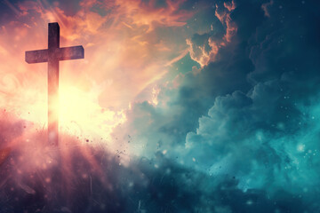 Fototapeta premium Cross in the sky. A slide background for showcasing Christian Religion. Background image. Created with Generative AI technology