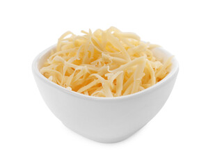 Tasty grated cheese in bowl isolated on white
