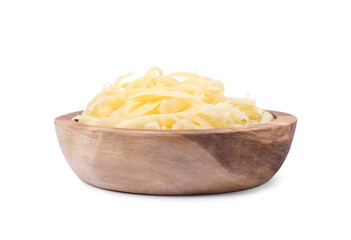 Tasty grated cheese in bowl isolated on white