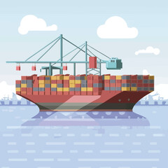 2d vector illustration colorful Land and sea transport techniques, methods and technological tools for transporting and shipping goods and products and logistic 

