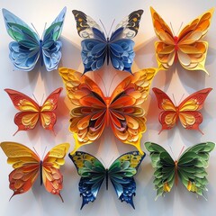 Obraz premium A radiant display of paper craft butterflies, each with elaborate wing designs in a range of colors, showcased on a bright background.
