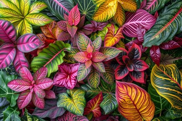Naklejka premium Vibrant tropical foliage showcasing various colorful leaves in close-up detail