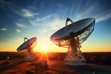 Industrial radar system against a backdrop of steel structures and a stunning sunset