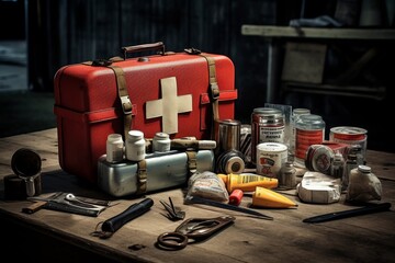 An Extensive First Aid Kit Displayed on an Old Wooden Surface Against a Backdrop of Vintage Industrial Equipment