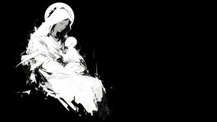 virgin mary and baby jesus, white ink art