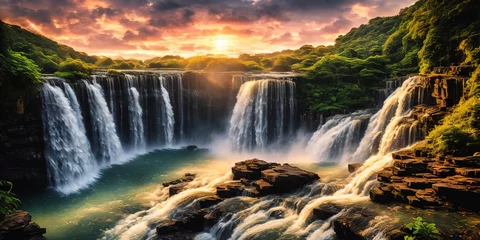 Foto op Plexiglas Fantasy landscape with waterfalls, panorama. © Olga Khoroshunova
