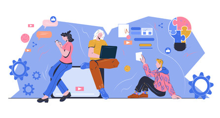 Business team implementing an effective marketing strategy involves lead generation, social media marketing SMM, and customer optimization, flat vector illustration isolated on white.