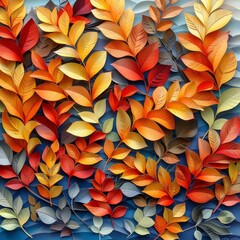 A rich tapestry of paper autumn leaves, artfully arranged to showcase a spectrum of warm fall colors against a cool backdrop.