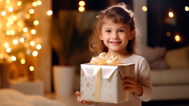 portrait of little girl with gift box