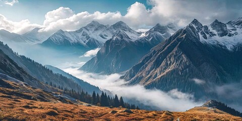Misty Mountain Valleys with Autumnal Hues - obrazy, fototapety, plakaty