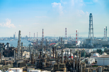 Yokkaichi industrial Japan factory area with blue sky background view Yokkaichi, Mie Prefecture, Japan. - 740114731