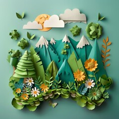 A charming 3D paper art scene with stylized mountains, trees, and flowers under a pastel sky with puffy clouds and a warm sun.