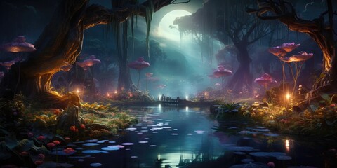 Enchanted Forest With Pond and Trees Generative AI
