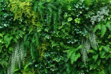 Fototapeta premium A vibrant green wall filled with a variety of lush plants thriving in vertical gardens, creating a stunning natural display of beauty and life