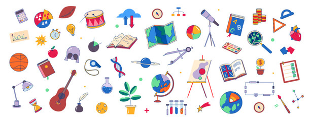 Subjects in school or college, isolated flat cartoon icons for disciplines. Vector disciplines for students. Geography and math, English and art, physical education and physics, geology and biology