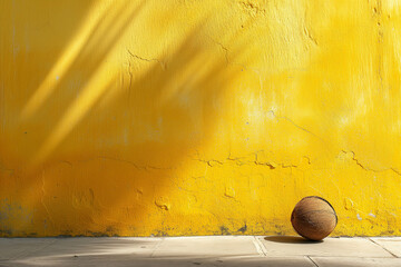 The yellow wall surface has an old and rough texture. And there is a coconut in the corner of the picture. There is space for entering text. - obrazy, fototapety, plakaty
