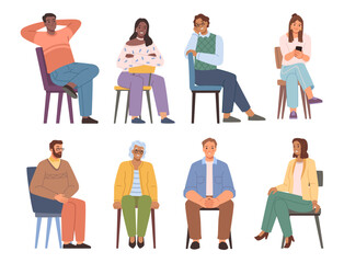 Relaxed and happy personages sitting on chairs. Vector flat cartoon characters with smile on face. Posing men and women of different age. Visitor of clinic or customer, cheerful citizens